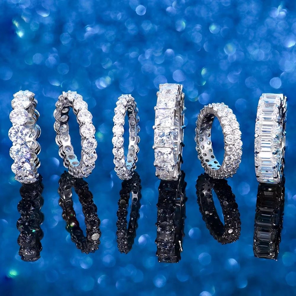 Moissanite eternity band rings in sterling silver